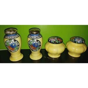 Vintage est 1920s 4pc Japanese vanity set, yellow w/flowers floral made in Japan